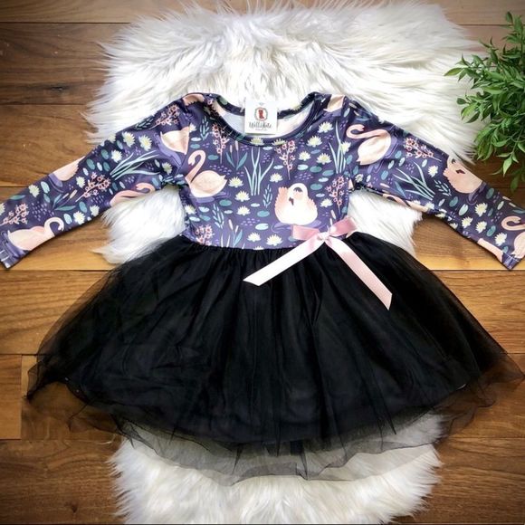 Girls Swan Princess Tulle Dress with long sleeves, bow accent